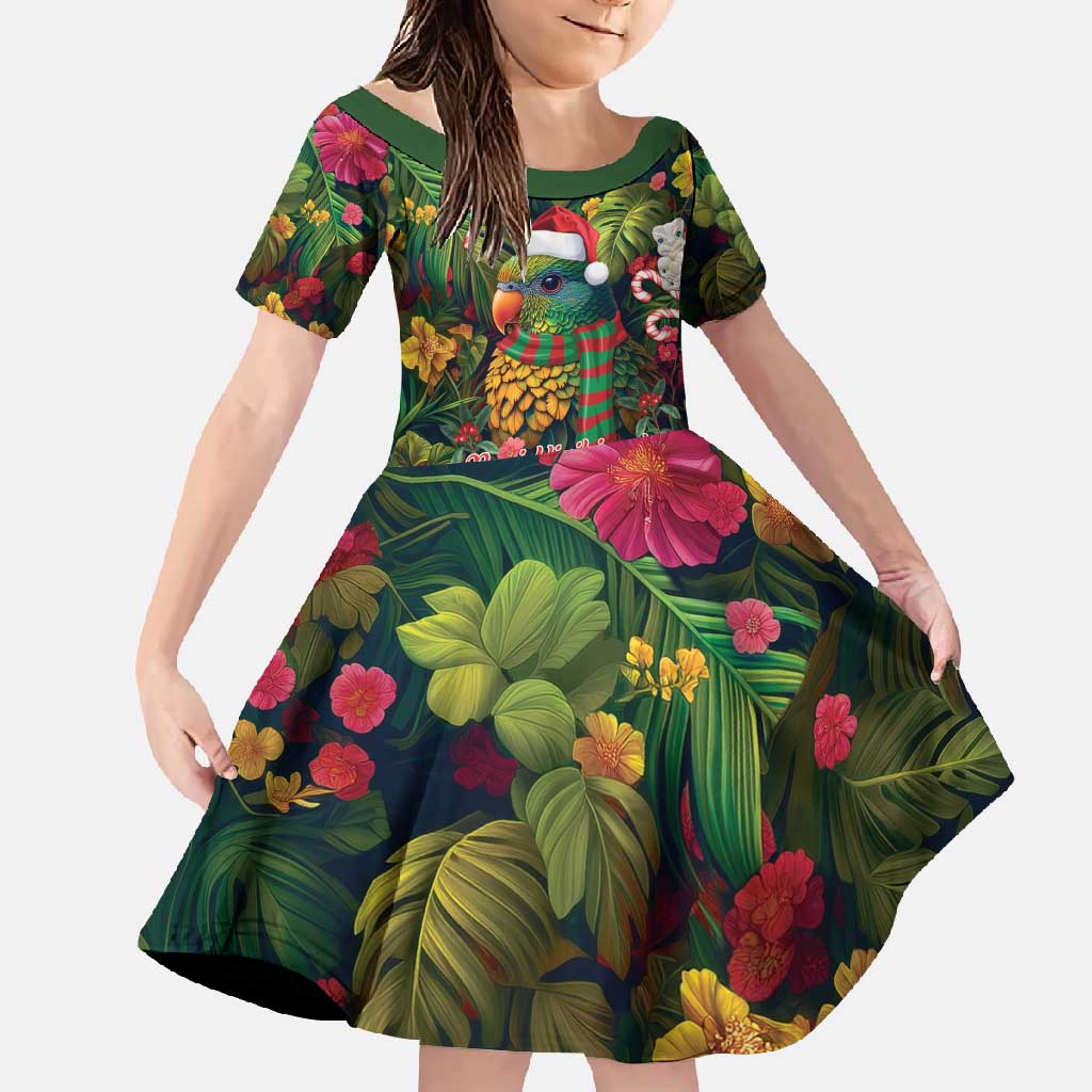 Meri Kirihimete Kakapo Santa Family Matching Summer Maxi Dress and Hawaiian Shirt Merry Christmas with Tropical Vibe LT9 Daughter's Dress Green - Polynesian Pride
