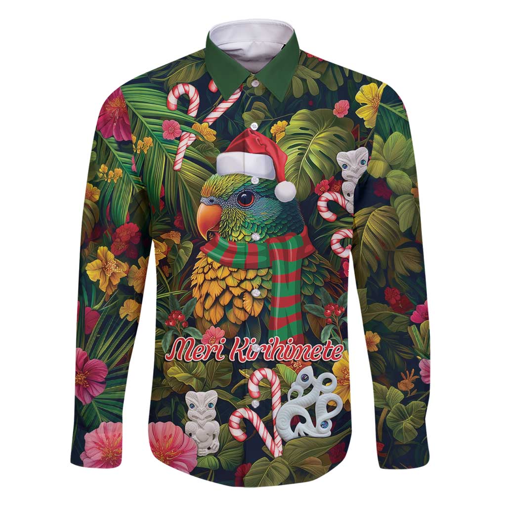 Meri Kirihimete Kakapo Santa Family Matching Tank Maxi Dress and Hawaiian Shirt Merry Christmas with Tropical Vibe LT9 Dad's Shirt - Long Sleeve Green - Polynesian Pride