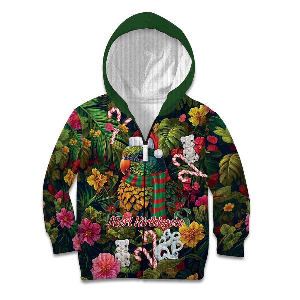 Meri Kirihimete Kakapo Santa Kid Hoodie Merry Christmas with Tropical Vibe LT9 Zip Hoodie Green - Polynesian Pride