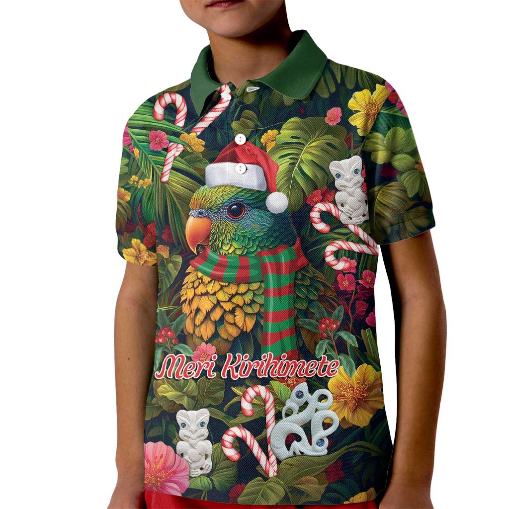 Meri Kirihimete Kakapo Santa Kid Polo Shirt Merry Christmas with Tropical Vibe LT9 Kid Green - Polynesian Pride