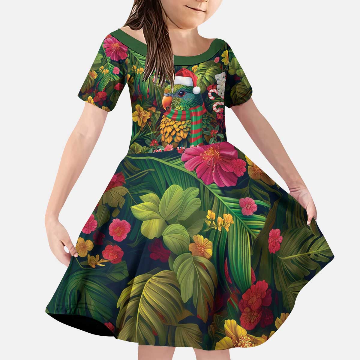 Meri Kirihimete Kakapo Santa Kid Short Sleeve Dress Merry Christmas with Tropical Vibe LT9 KID Green - Polynesian Pride