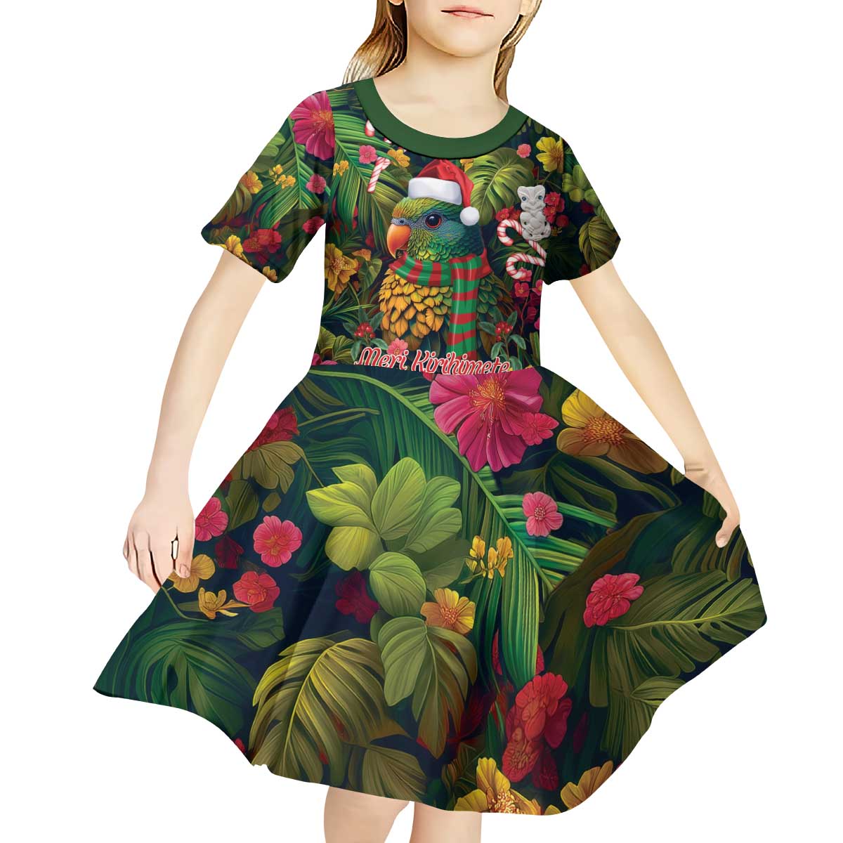 Meri Kirihimete Kakapo Santa Kid Short Sleeve Dress Merry Christmas with Tropical Vibe LT9 - Polynesian Pride