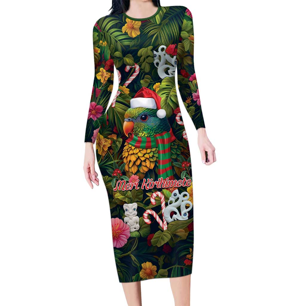 Meri Kirihimete Kakapo Santa Long Sleeve Bodycon Dress Merry Christmas with Tropical Vibe LT9 Long Dress Green - Polynesian Pride