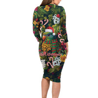 Meri Kirihimete Kakapo Santa Long Sleeve Bodycon Dress Merry Christmas with Tropical Vibe LT9 - Polynesian Pride