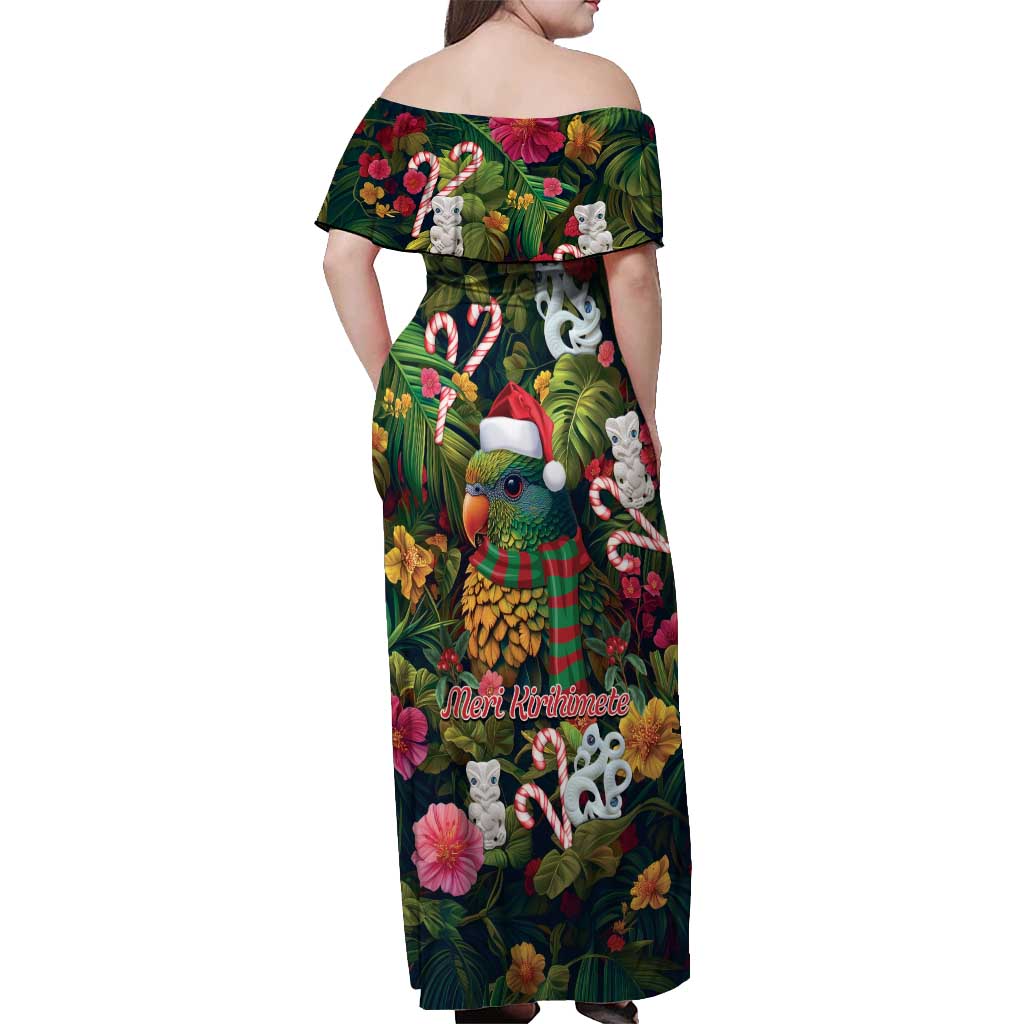 Meri Kirihimete Kakapo Santa Off Shoulder Maxi Dress Merry Christmas with Tropical Vibe LT9 - Polynesian Pride