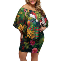 Meri Kirihimete Kakapo Santa Off Shoulder Short Dress Merry Christmas with Tropical Vibe LT9 Women Green - Polynesian Pride