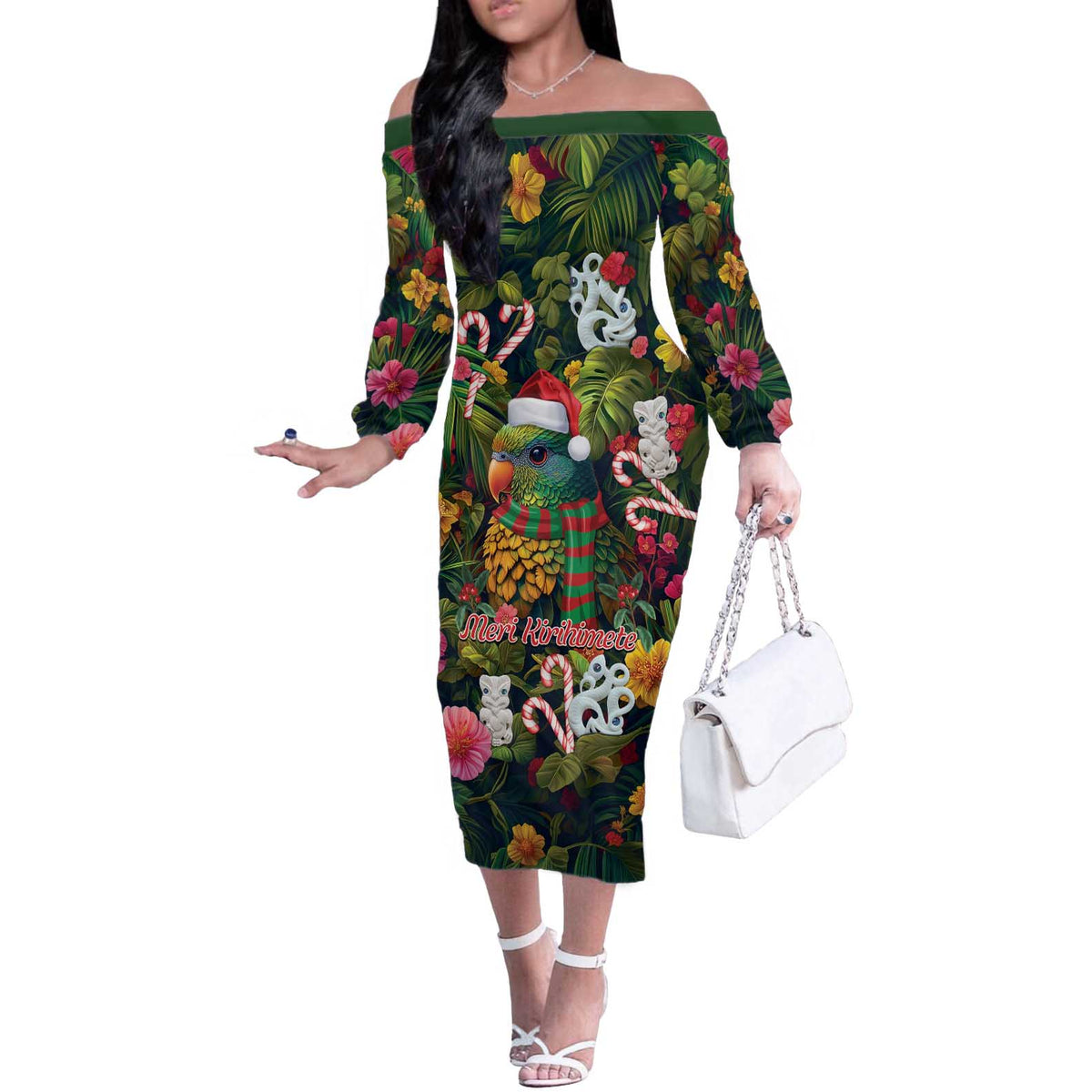 Meri Kirihimete Kakapo Santa Off The Shoulder Long Sleeve Dress Merry Christmas with Tropical Vibe LT9 Women Green - Polynesian Pride