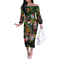 Meri Kirihimete Kakapo Santa Off The Shoulder Long Sleeve Dress Merry Christmas with Tropical Vibe LT9 Women Green - Polynesian Pride