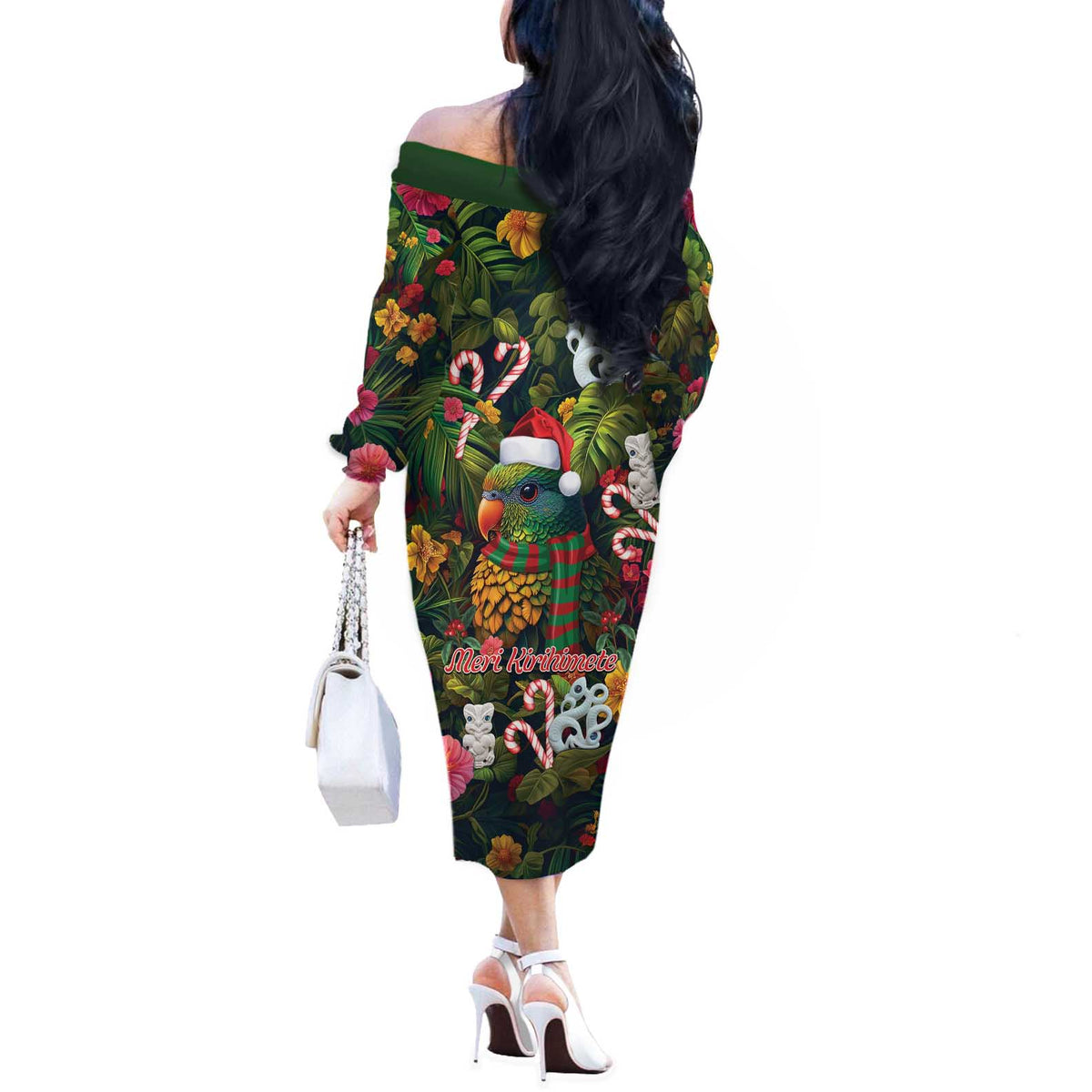 Meri Kirihimete Kakapo Santa Off The Shoulder Long Sleeve Dress Merry Christmas with Tropical Vibe LT9 - Polynesian Pride