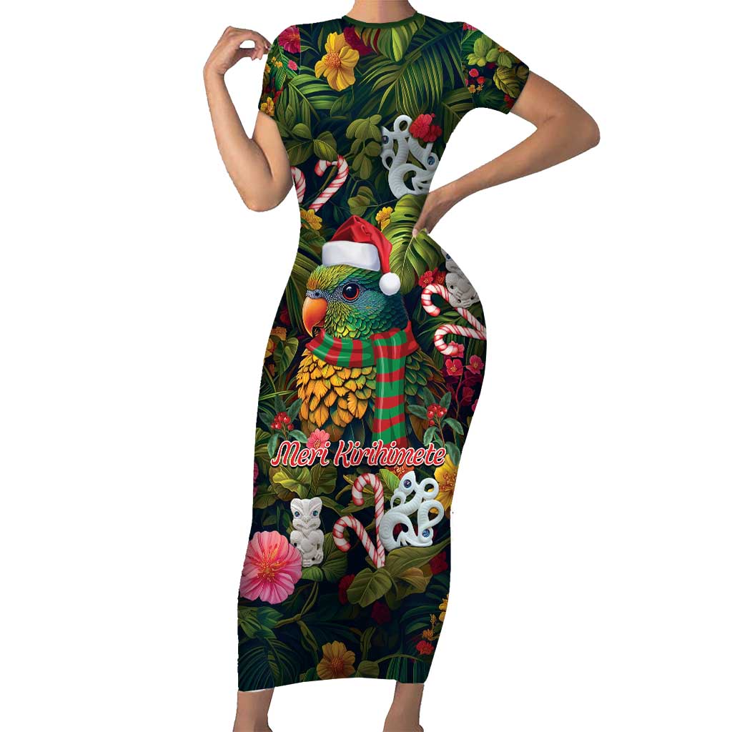 Meri Kirihimete Kakapo Santa Short Sleeve Bodycon Dress Merry Christmas with Tropical Vibe LT9 Long Dress Green - Polynesian Pride