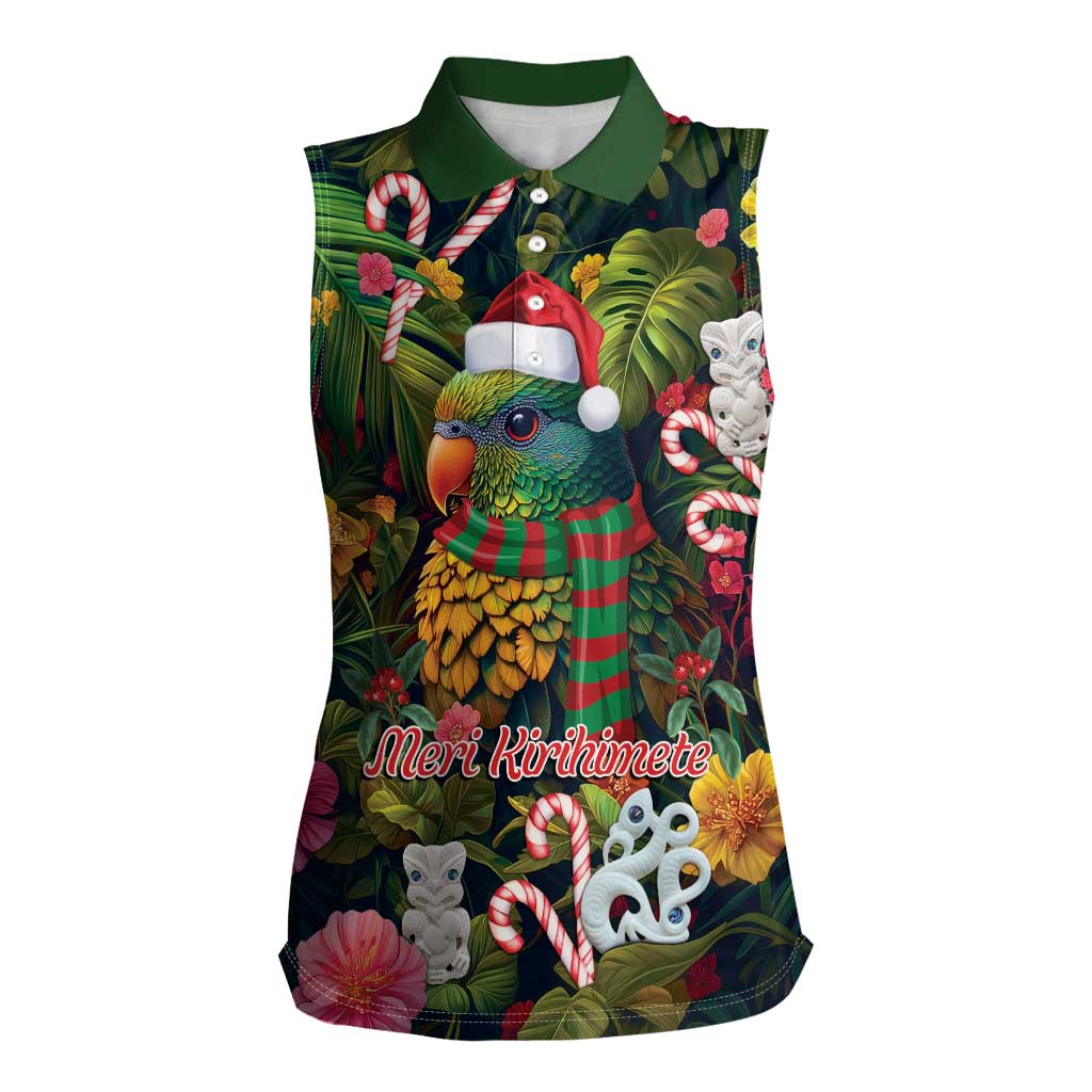 Meri Kirihimete Kakapo Santa Women Sleeveless Polo Shirt Merry Christmas with Tropical Vibe LT9 Female Green - Polynesian Pride