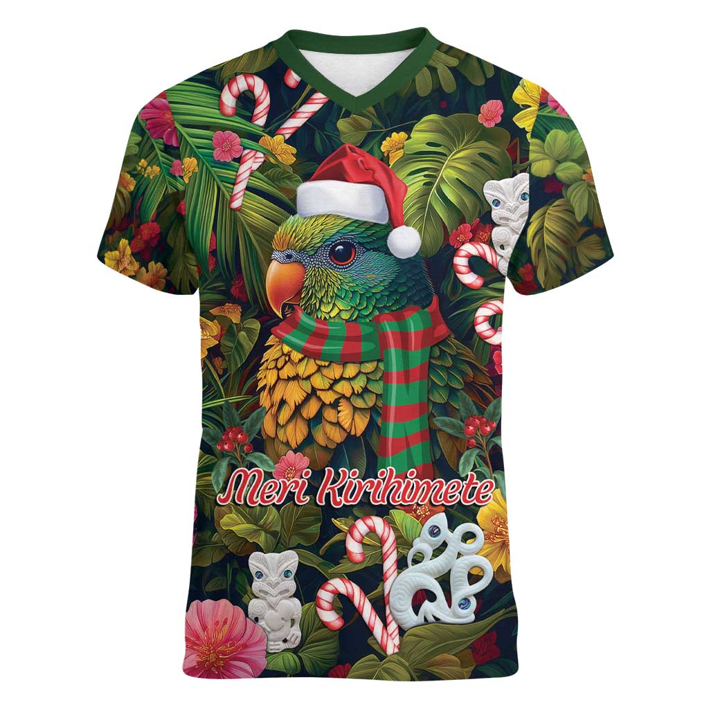 Meri Kirihimete Kakapo Santa Women V-Neck T-Shirt Merry Christmas with Tropical Vibe LT9 Female Green - Polynesian Pride