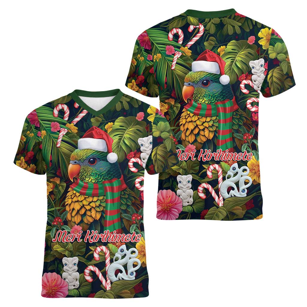 Meri Kirihimete Kakapo Santa Women V-Neck T-Shirt Merry Christmas with Tropical Vibe LT9 - Polynesian Pride
