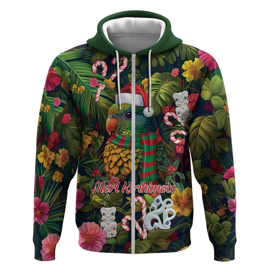 Meri Kirihimete Kakapo Santa Zip Hoodie Merry Christmas with Tropical Vibe LT9 Zip Hoodie Green - Polynesian Pride