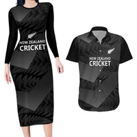 New Zealand Cricket Custom Couples Matching Long Sleeve Bodycon Dress and Hawaiian Shirt Potae Pango Black Fern Pattern LT9 Black - Polynesian Pride