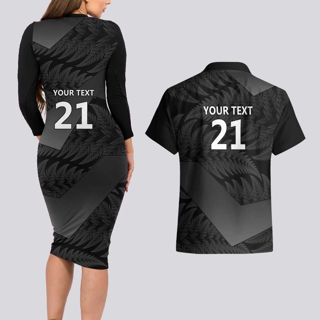 New Zealand Cricket Custom Couples Matching Long Sleeve Bodycon Dress and Hawaiian Shirt Potae Pango Black Fern Pattern LT9 - Polynesian Pride