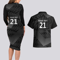 New Zealand Cricket Custom Couples Matching Long Sleeve Bodycon Dress and Hawaiian Shirt Potae Pango Black Fern Pattern LT9 - Polynesian Pride