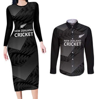 New Zealand Cricket Custom Couples Matching Long Sleeve Bodycon Dress and Long Sleeve Button Shirt Potae Pango Black Fern Pattern LT9 Black - Polynesian Pride