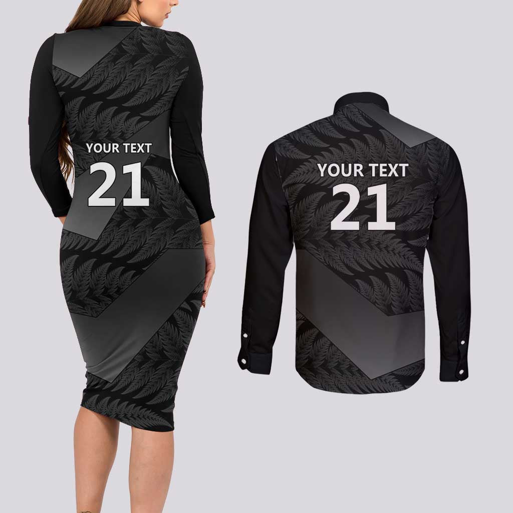 New Zealand Cricket Custom Couples Matching Long Sleeve Bodycon Dress and Long Sleeve Button Shirt Potae Pango Black Fern Pattern LT9 - Polynesian Pride