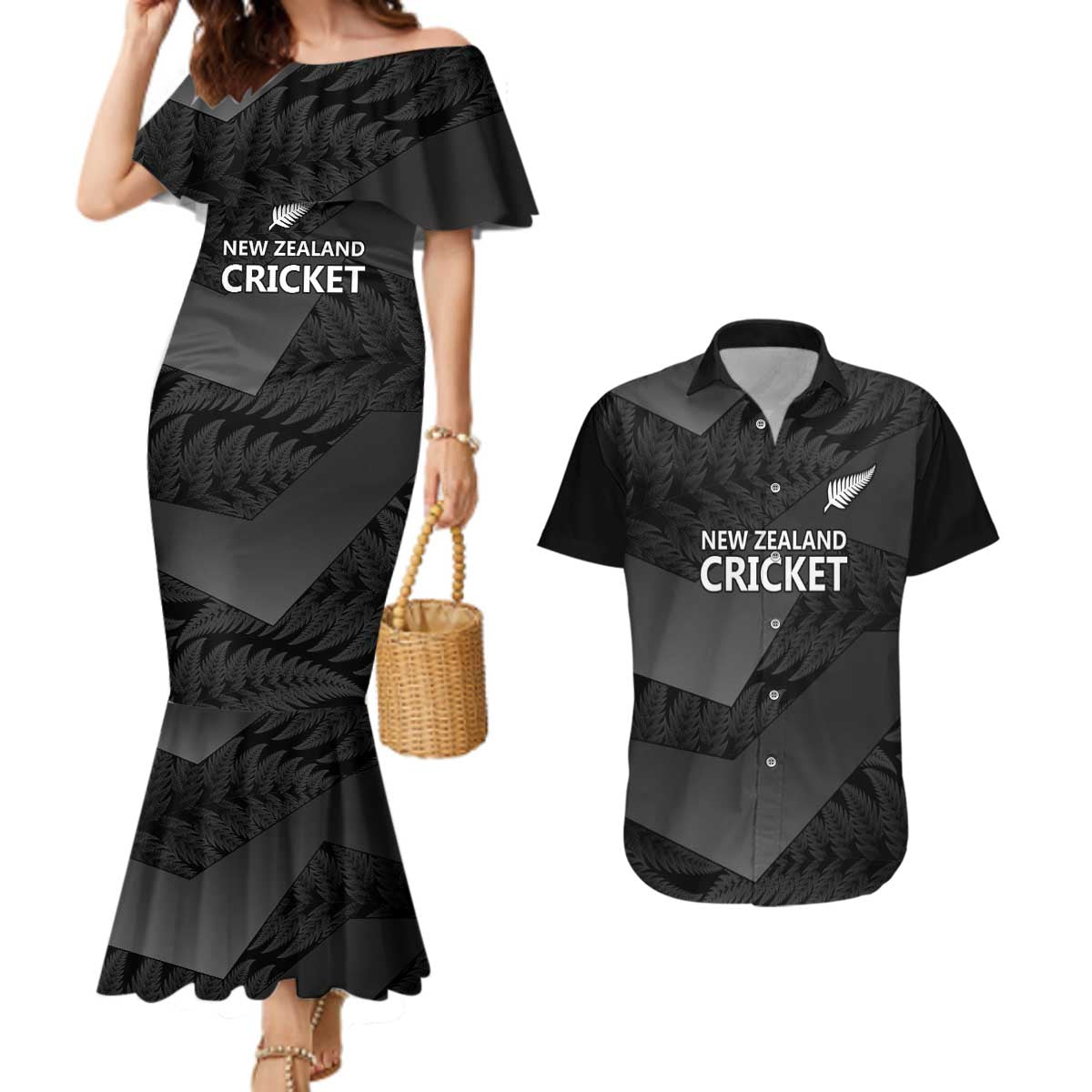 New Zealand Cricket Custom Couples Matching Mermaid Dress and Hawaiian Shirt Potae Pango Black Fern Pattern LT9 Black - Polynesian Pride