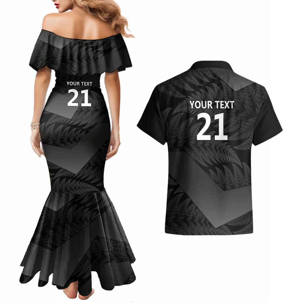 New Zealand Cricket Custom Couples Matching Mermaid Dress and Hawaiian Shirt Potae Pango Black Fern Pattern LT9 - Polynesian Pride