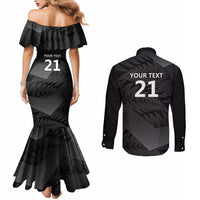 New Zealand Cricket Custom Couples Matching Mermaid Dress and Long Sleeve Button Shirt Potae Pango Black Fern Pattern LT9 - Polynesian Pride