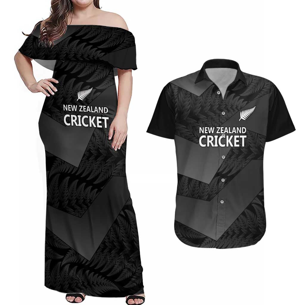 New Zealand Cricket Custom Couples Matching Off Shoulder Maxi Dress and Hawaiian Shirt Potae Pango Black Fern Pattern LT9 Black - Polynesian Pride