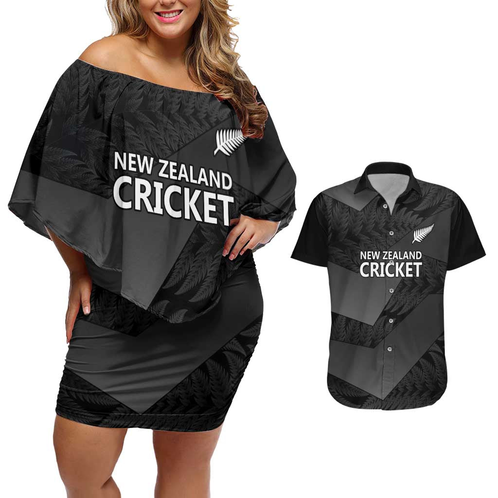 New Zealand Cricket Custom Couples Matching Off Shoulder Short Dress and Hawaiian Shirt Potae Pango Black Fern Pattern LT9 Black - Polynesian Pride