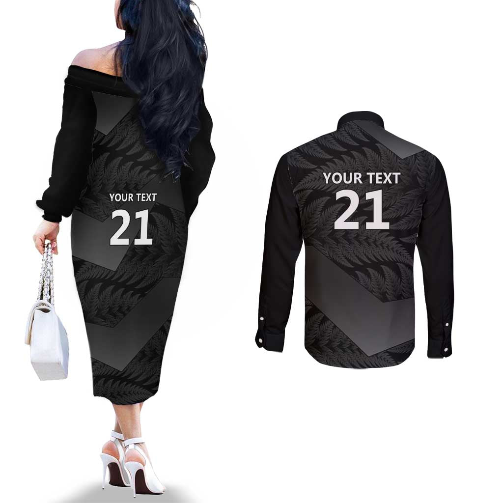 New Zealand Cricket Custom Couples Matching Off The Shoulder Long Sleeve Dress and Long Sleeve Button Shirt Potae Pango Black Fern Pattern LT9 - Polynesian Pride