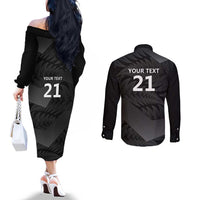 New Zealand Cricket Custom Couples Matching Off The Shoulder Long Sleeve Dress and Long Sleeve Button Shirt Potae Pango Black Fern Pattern LT9 - Polynesian Pride