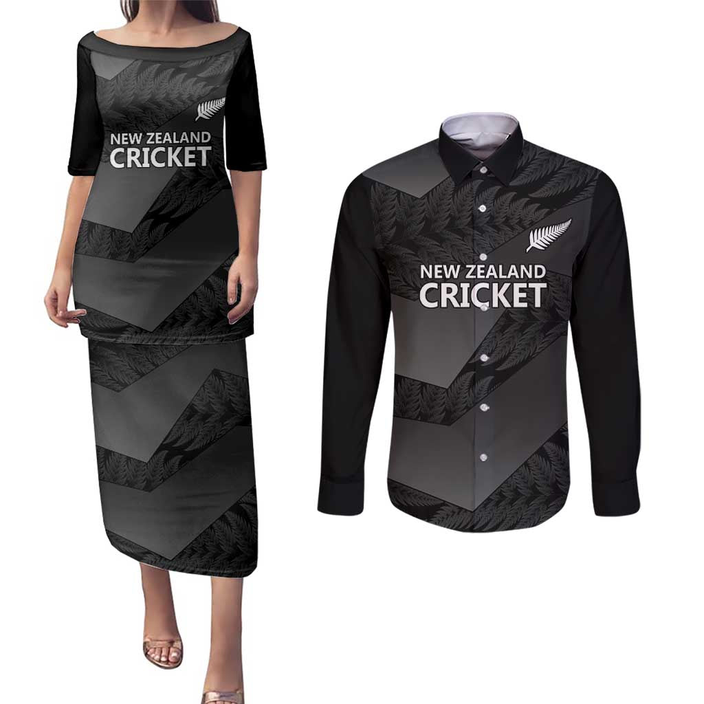 New Zealand Cricket Custom Couples Matching Puletasi and Long Sleeve Button Shirt Potae Pango Black Fern Pattern LT9 Black - Polynesian Pride