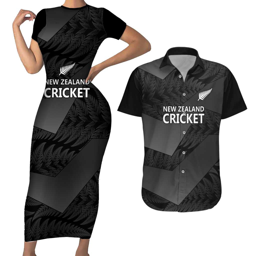 New Zealand Cricket Custom Couples Matching Short Sleeve Bodycon Dress and Hawaiian Shirt Potae Pango Black Fern Pattern LT9 Black - Polynesian Pride
