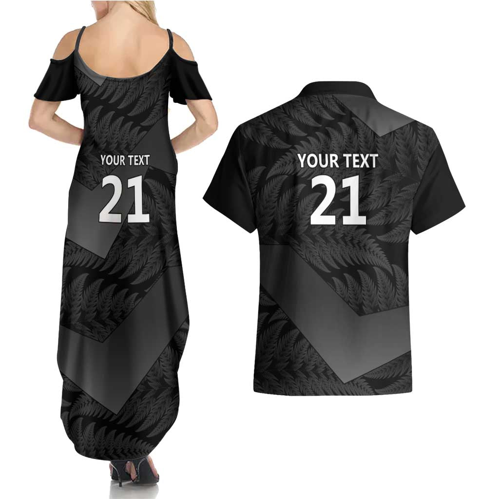New Zealand Cricket Custom Couples Matching Summer Maxi Dress and Hawaiian Shirt Potae Pango Black Fern Pattern LT9 - Polynesian Pride