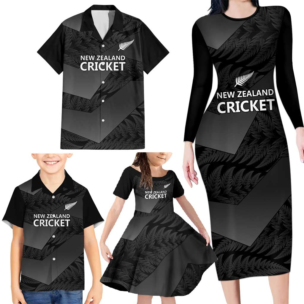 New Zealand Cricket Custom Family Matching Long Sleeve Bodycon Dress and Hawaiian Shirt Potae Pango Black Fern Pattern LT9 - Polynesian Pride