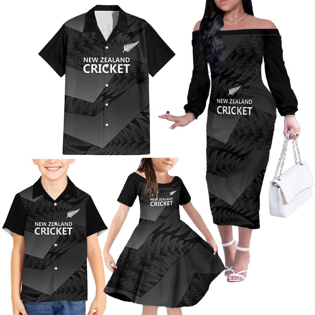 New Zealand Cricket Custom Family Matching Off The Shoulder Long Sleeve Dress and Hawaiian Shirt Potae Pango Black Fern Pattern LT9 - Polynesian Pride