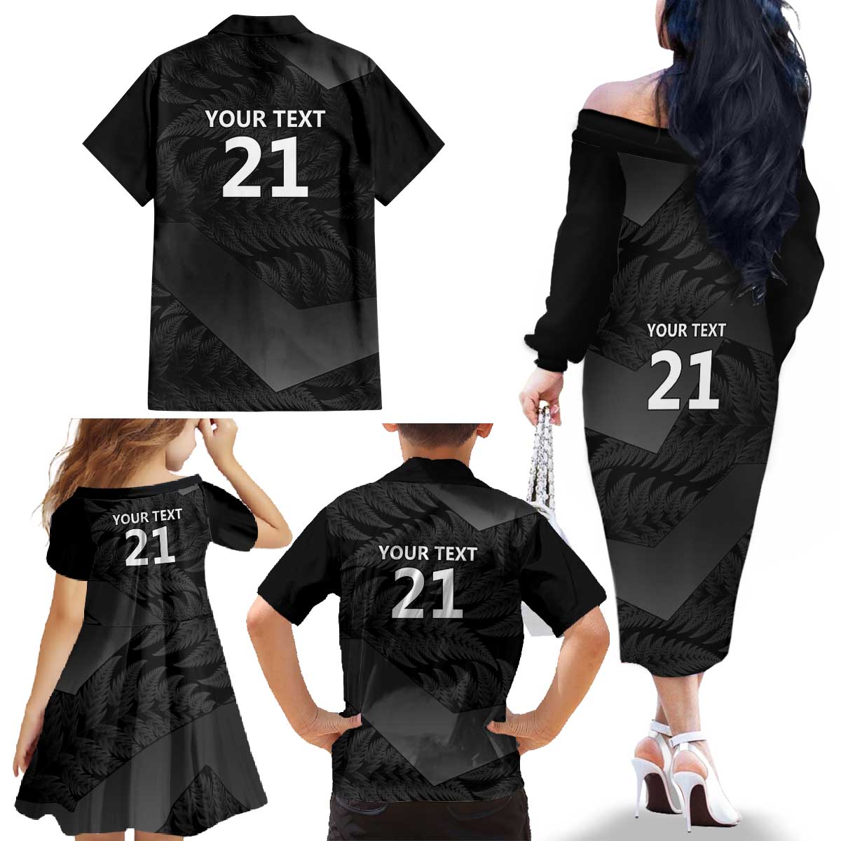 New Zealand Cricket Custom Family Matching Off The Shoulder Long Sleeve Dress and Hawaiian Shirt Potae Pango Black Fern Pattern LT9 - Polynesian Pride