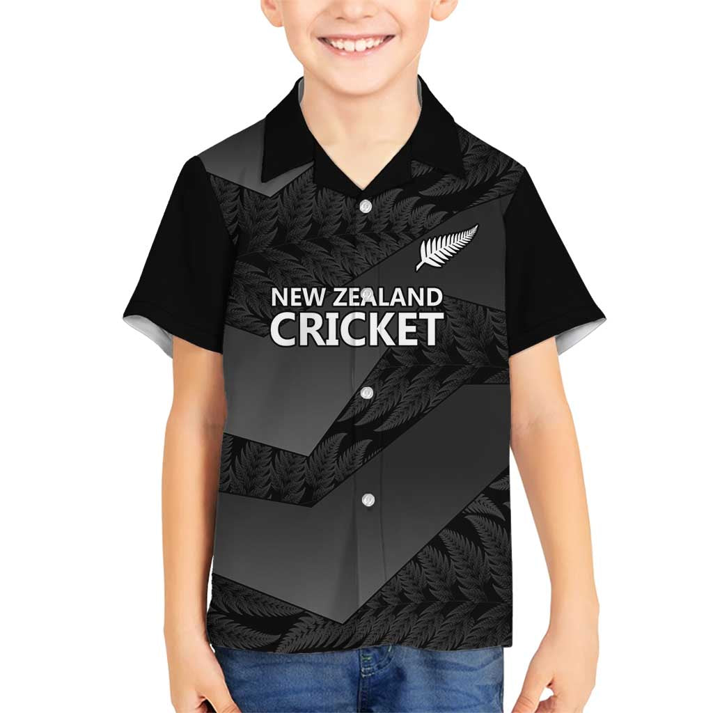 New Zealand Cricket Custom Family Matching Off Shoulder Maxi Dress and Hawaiian Shirt Potae Pango Black Fern Pattern LT9 Son's Shirt Black - Polynesian Pride