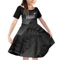 New Zealand Cricket Custom Family Matching Off Shoulder Short Dress and Hawaiian Shirt Potae Pango Black Fern Pattern LT9 Daughter's Dress Black - Polynesian Pride