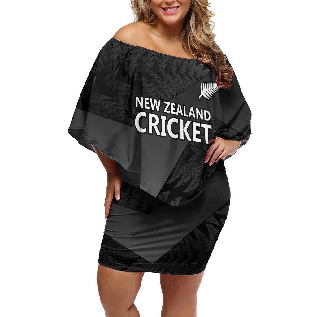 New Zealand Cricket Custom Family Matching Off Shoulder Short Dress and Hawaiian Shirt Potae Pango Black Fern Pattern LT9 Mom's Dress Black - Polynesian Pride