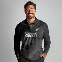 New Zealand Cricket Custom Long Sleeve Polo Shirt Potae Pango Black Fern Pattern
