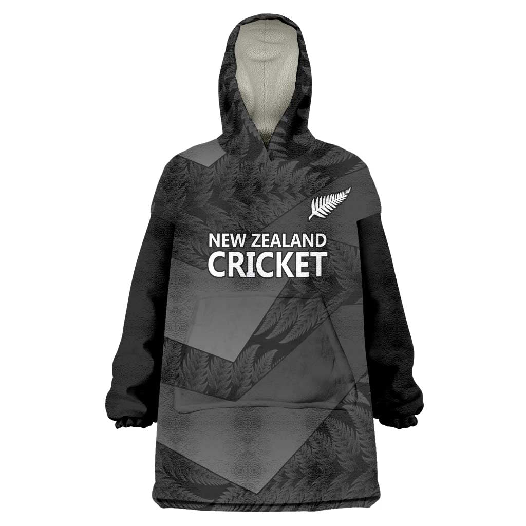 New Zealand Cricket Custom Wearable Blanket Hoodie Potae Pango Black Fern Pattern LT9 One Size Black - Polynesian Pride