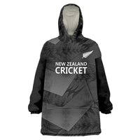 New Zealand Cricket Custom Wearable Blanket Hoodie Potae Pango Black Fern Pattern LT9 One Size Black - Polynesian Pride