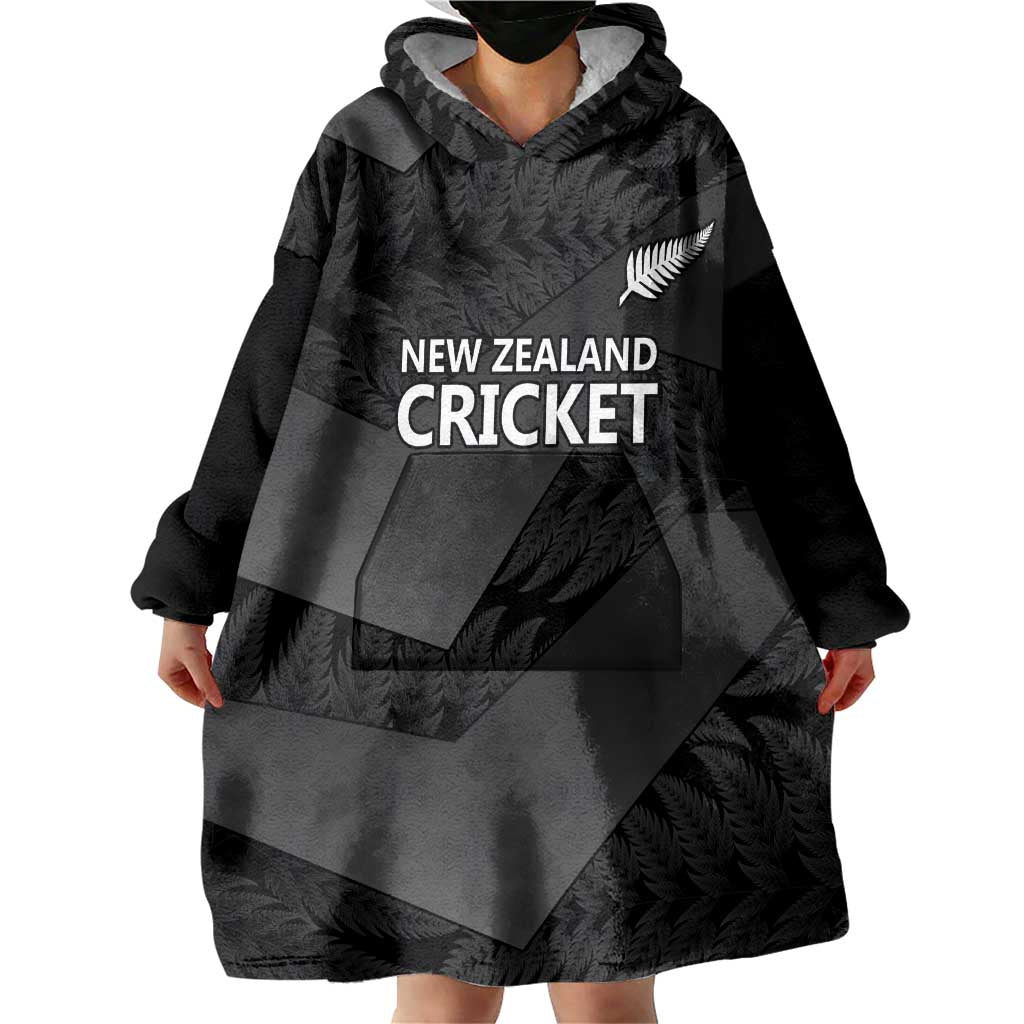 New Zealand Cricket Custom Wearable Blanket Hoodie Potae Pango Black Fern Pattern LT9 - Polynesian Pride