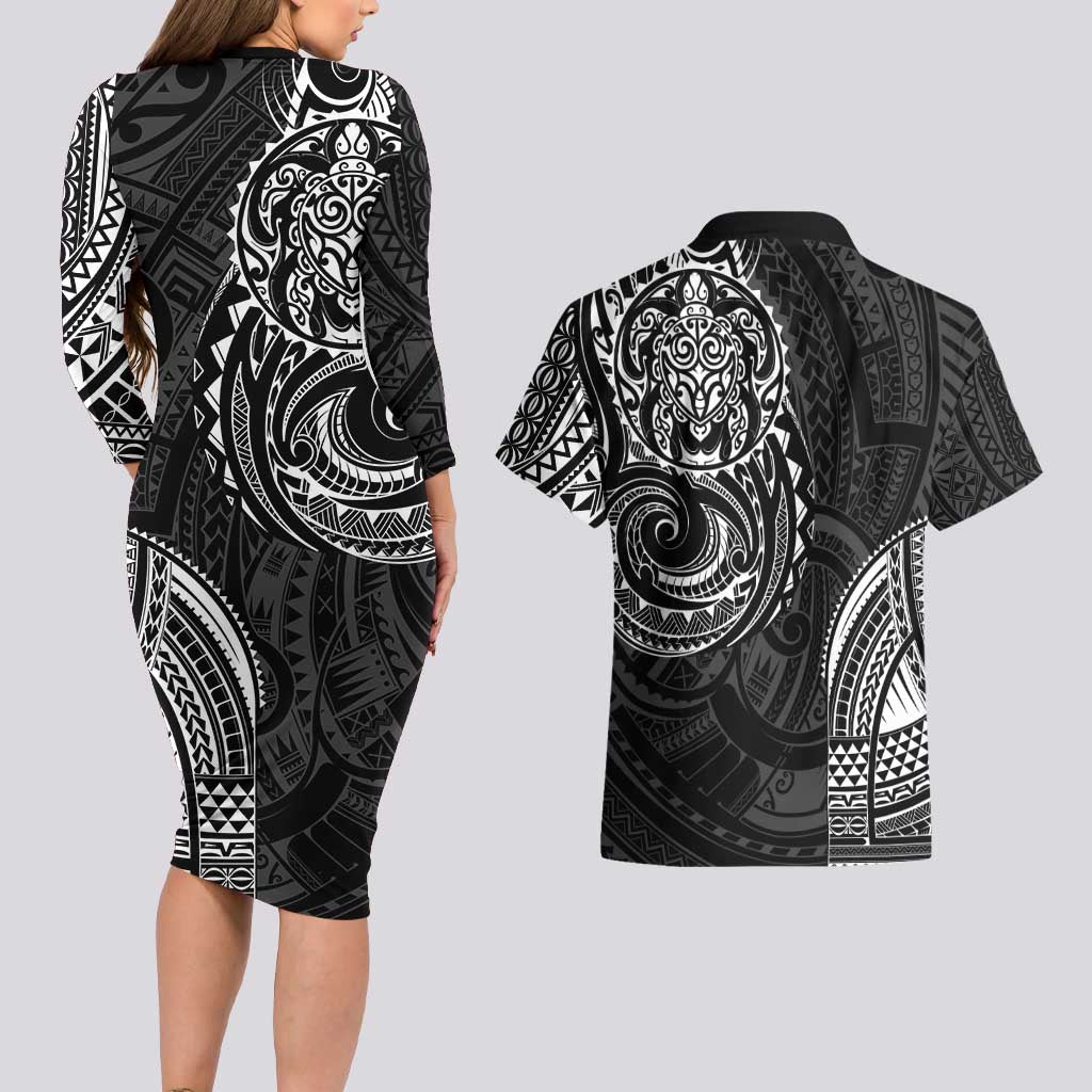 Polynesian Turtle Tribal Tattoo Couples Matching Long Sleeve Bodycon Dress and Hawaiian Shirt Black Style LT9 - Polynesian Pride