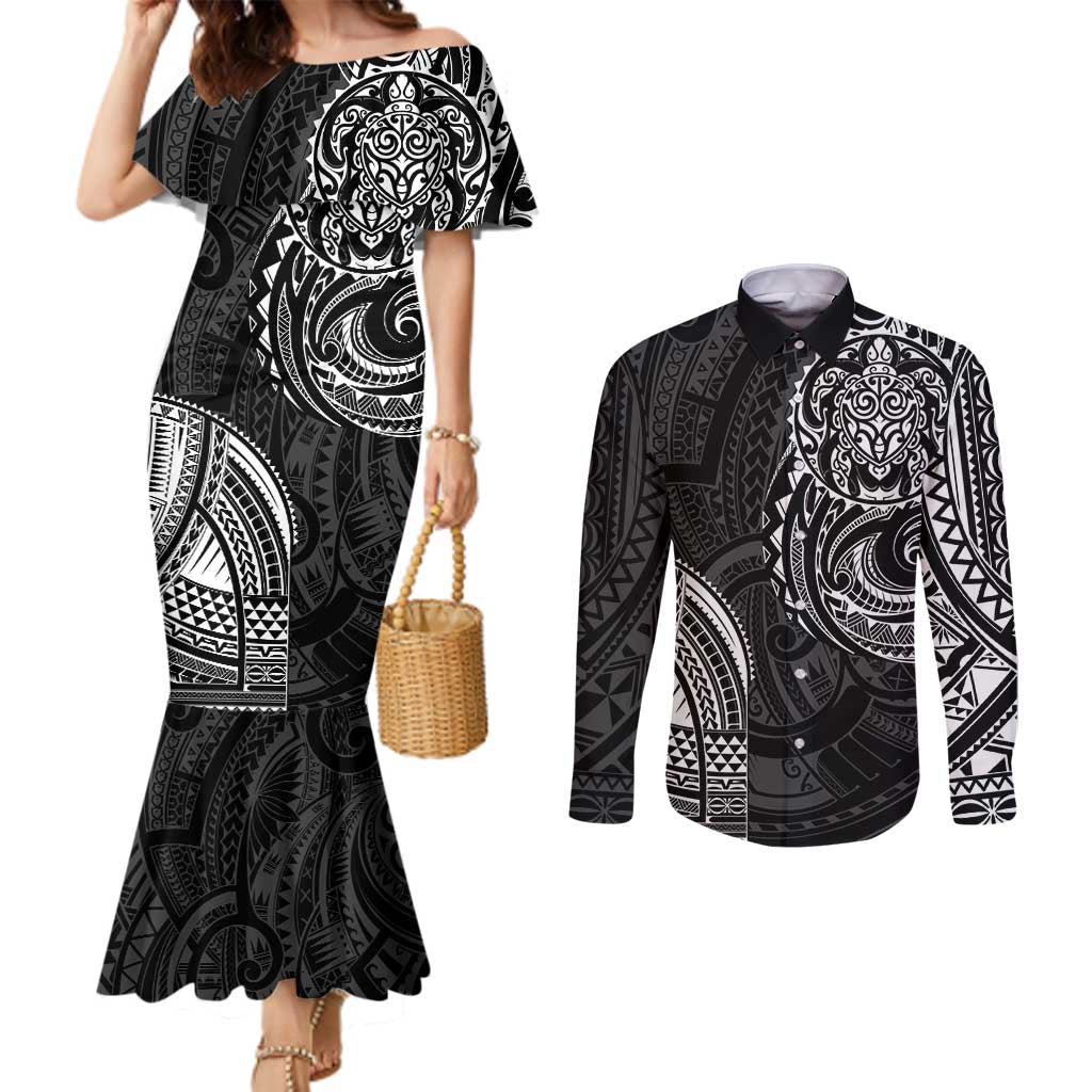 Polynesian Turtle Tribal Tattoo Couples Matching Mermaid Dress and Long Sleeve Button Shirt Black Style LT9 Black - Polynesian Pride