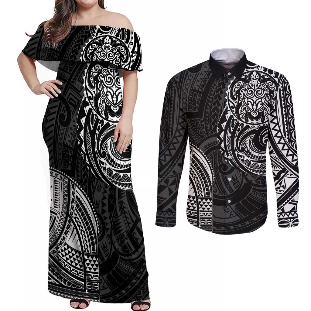 Polynesian Turtle Tribal Tattoo Couples Matching Off Shoulder Maxi Dress and Long Sleeve Button Shirt Black Style LT9 Black - Polynesian Pride