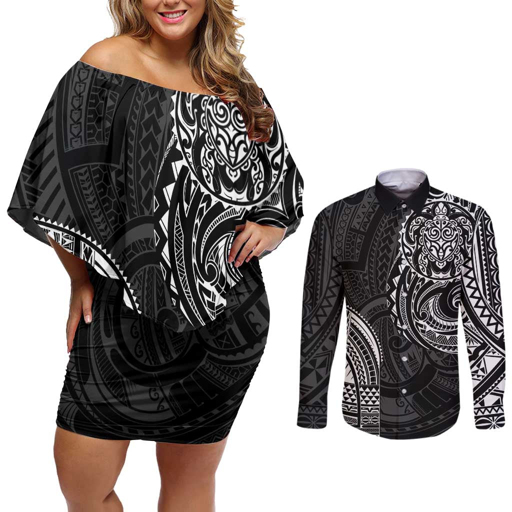 Polynesian Turtle Tribal Tattoo Couples Matching Off Shoulder Short Dress and Long Sleeve Button Shirt Black Style LT9 Black - Polynesian Pride