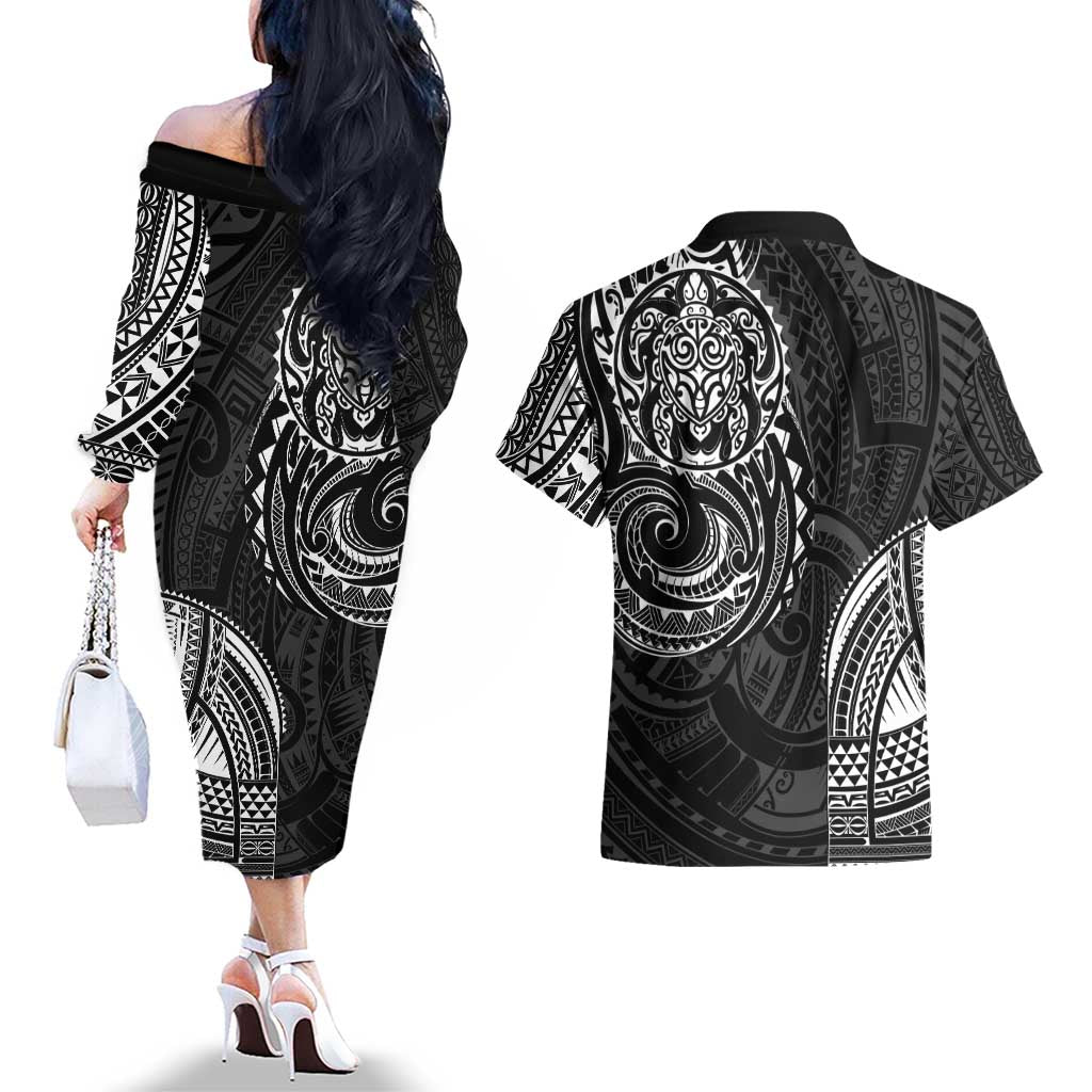 Polynesian Turtle Tribal Tattoo Couples Matching Off The Shoulder Long Sleeve Dress and Hawaiian Shirt Black Style LT9 - Polynesian Pride