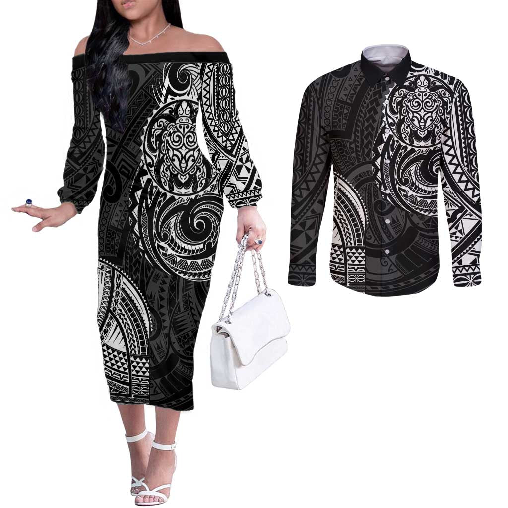 Polynesian Turtle Tribal Tattoo Couples Matching Off The Shoulder Long Sleeve Dress and Long Sleeve Button Shirt Black Style LT9 Black - Polynesian Pride