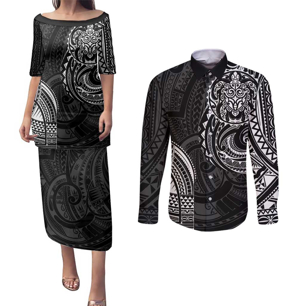 Polynesian Turtle Tribal Tattoo Couples Matching Puletasi and Long Sleeve Button Shirt Black Style LT9 Black - Polynesian Pride